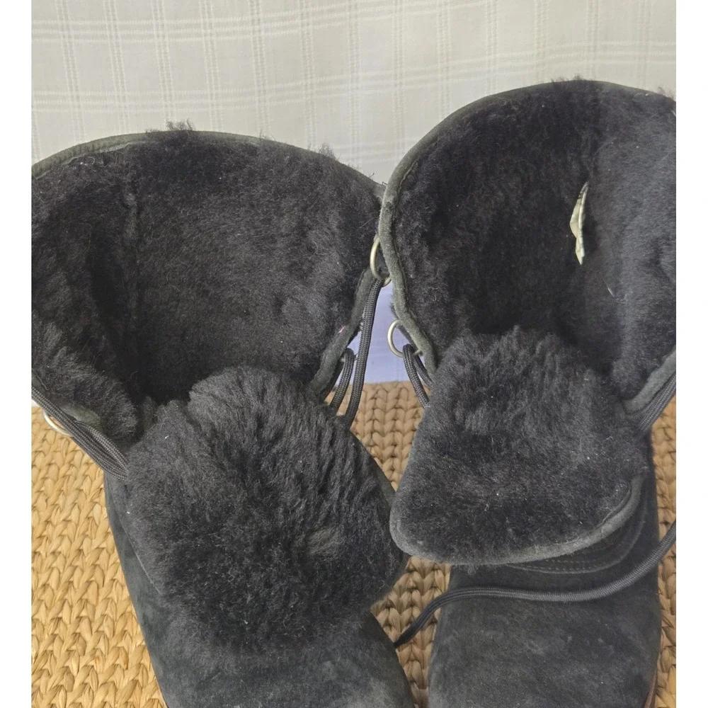 UGG Rommy Lace Up Winter Boots Womens Size 7‎ Black Leather Sheepskin Snow Warm